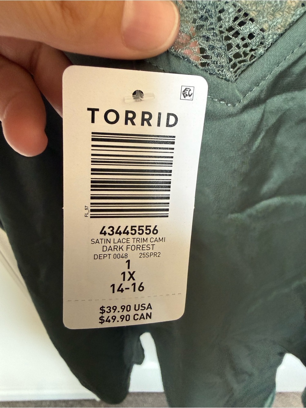 torrid Olive Green Lace-Trim Satin Cami - Picture 3 of 3